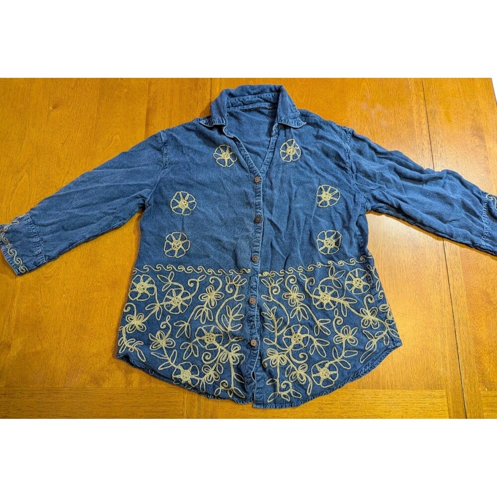 Vintage Denim Blouse Floral Couching Embroidery Sunflowers Coastal Grandma L